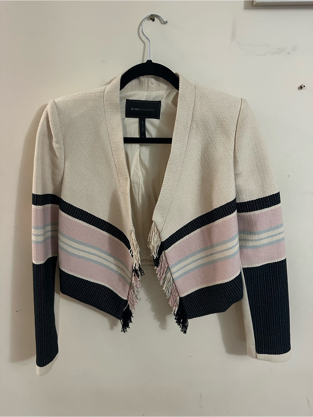 BCBGMaxAzria Cream, Pink & Black Fringed Open-Front Knit Jacket